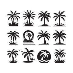 Fototapeta premium Palm Tree Silhouette Icon Set for Beach and Vacation Themes