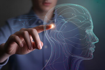 Human hand touches glowing digital head outline with intricate lines symbolizing artificial intelligence neural networks in dark abstract tech setting