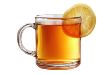 Glass mug of hot tea with a warm amber tone, clear handle, floating lemon slice, gentle surface reflections, and a subtle warmth haze isolated on transparent background.