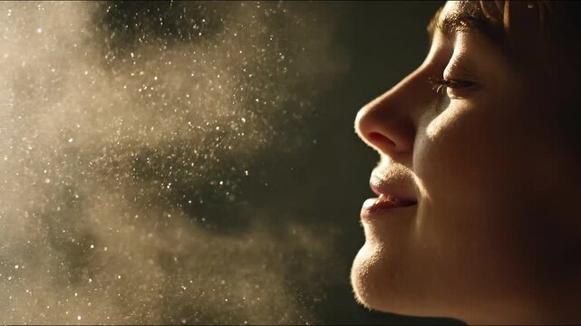 Inhale the Moment: A woman closes her eyes, embracing a moment of pure breath amidst a shower of particles. It's a scene of serene contemplation and introspection.