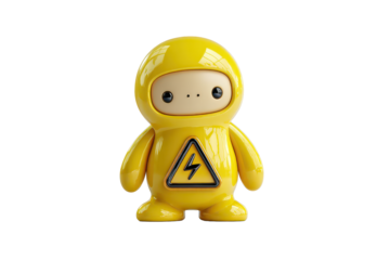 Cute yellow safety mascot character holding a high voltage warning symbol with a rounded body, simple friendly face, bright saturated material, and subtle shading isolated on transparent background.