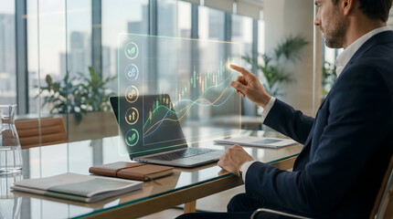 Executive Using Holographic Interface for Sustainable Business Growth