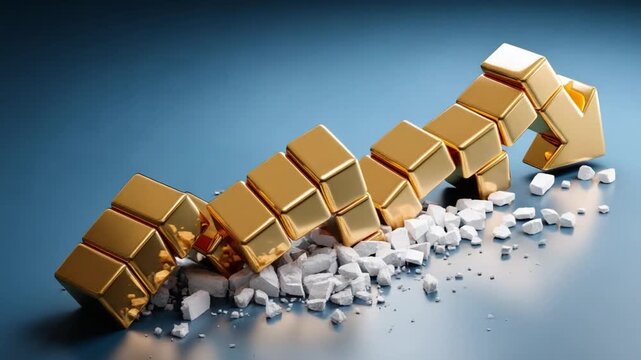 Gold Price Decline: A metaphorical representation of a downturn in gold prices is captured through a golden arrow piercing through the ground, a visual commentary on economic instability.