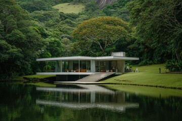 Obraz premium Modern building by the lake surrounded by green trees and hills during daytime with clear reflections on the water surface