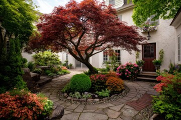 A vibrant garden features a stunning red maple tree, beautifully surrounded by a variety of colorful flowers, creating a picturesque scene in a residential neighborhood during the bright daytime