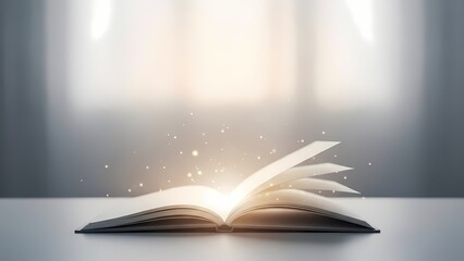An open book radiating brilliant light and sparkling dust, symbolizing the profound magic of knowledge, enlightenment, and the boundless journey of discovery, inspiring imagination and wonder