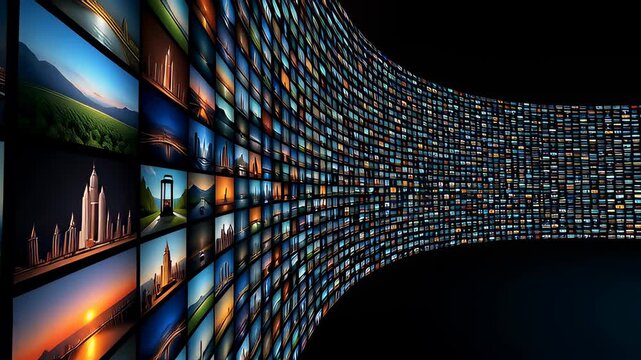 Futuristic curved video wall displaying multiple colorful screens in a cinematic 3D animation, illustrating global streaming media and broadcasting technology concepts.