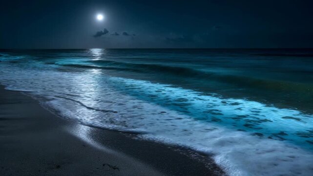 Glowing blue ocean waves on a dark beach at nighttime with moonlight