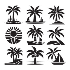 Fototapeta premium Palm Tree Silhouette Icon Set for Beach and Vacation Themes