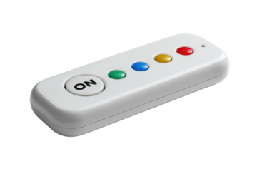 A minimal remote control with a clear ON button, small colored indicator dots, rounded rectangle body, smooth clean plastic surface, and crisp front facing details isolated on transparent background.