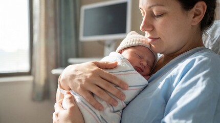 caucasian mother holding sleeping newborn baby in hospital room after birth. maternity, healthcare and family concept. website header, banner with copyspace.