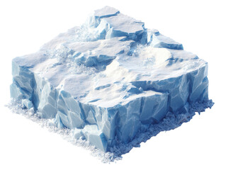 Fototapeta premium Stylized 3D iceberg snow tile built from blue white ice blocks with frosty textures, sharp crystal facets, and clean shadowing isolated on transparent background.