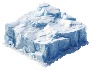 Stylized 3D iceberg snow tile built from blue white ice blocks with frosty textures, sharp crystal facets, and clean shadowing isolated on transparent background.