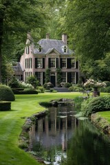 Obraz premium Garden and house near a pond with trees in a green area during daytime capturing natural landscape and architecture details