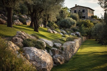 Fototapeta premium Rolling green hills show a stone wall and an olive grove under a clear sky with a house in the background in the late afternoon sunlight