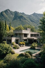 Fototapeta premium Modern concrete house located in the mountains with landscaping, pool, and trees, showcasing a blend of architecture and nature during daylight