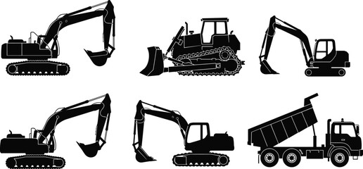 Black construction machinery silhouettes featuring excavators bulldozer and dump truck isolated on white background industrial vector equipment set © Saya Stock