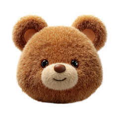 Cute 3D teddy bear face icon with rounded ears, warm brown plush fur, subtle fiber texture detail, and a friendly smiling expression isolated on transparent background.