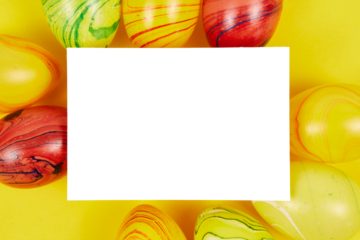 yellow happy easter card frame with colored easter egg and blank white copy space wish card isolated on white or transparent png