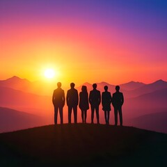 Fototapeta premium Silhouetted team on a hill at sunrise, facing mountain range. Vibrant gradient sky. Epic panoramic scene symbolizing opportunity, unity, and growth. Motivational poster style.