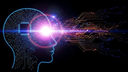 Obraz premium Glowing circuit board human head with pink light emanating blue outline black background