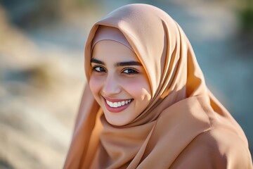 A Muslim woman in hijab smiling, representing diversity and inclusivity in society.