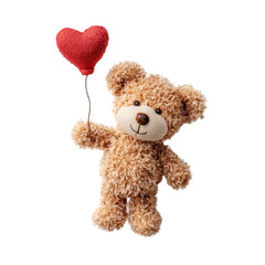 Obraz premium A cute teddy bear holding a small heart balloon with soft plush texture, warm cozy tones, gentle rounded features, and a sweet gift like character charm isolated on transparent background.