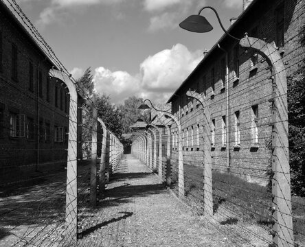 AUSCHWITZ BIRKENAU POLAND. Auschwitz concentration camp fences was a network of German Nazi concentration camps and extermination camps built and operated by the Third Reich in Poland.