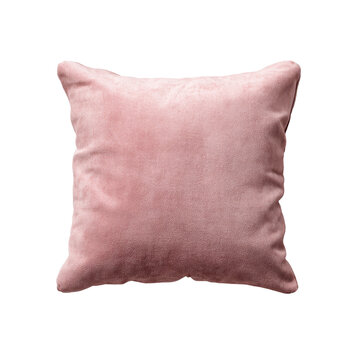 Soft pink throw pillow with plush fabric texture, gentle creases, rounded corners, and subtle shading that shows cozy volume isolated on transparent background.