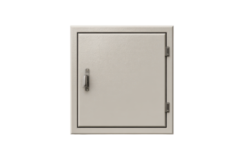 A gray electrical control cabinet door with a flat metal panel, latch handle hardware, subtle brushed texture, and visible edge seams in a clean front facing industrial form isolated on transparent ba