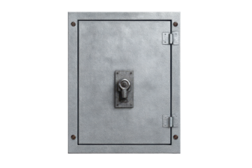 A gray electrical control cabinet door with a flat metal panel, latch handle hardware, subtle brushed texture, and visible edge seams in a clean front facing industrial form isolated on transparent ba