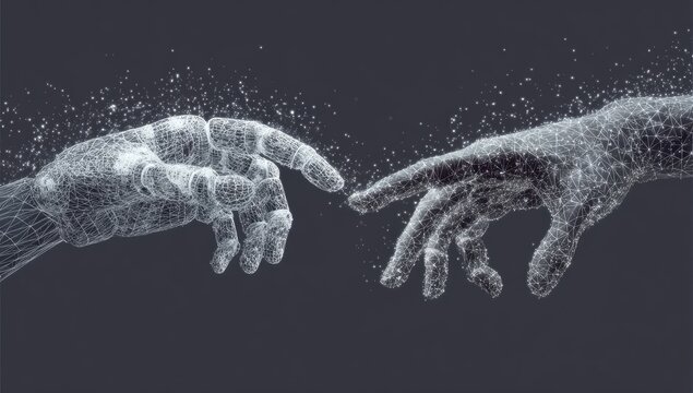 Digital hands reaching, a particle-based rendering against dark background