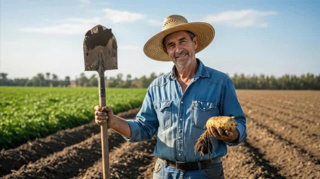 Farmer standing in a field holding a shovel and gloves, looking directly at the camera, with a clear blue sky above.