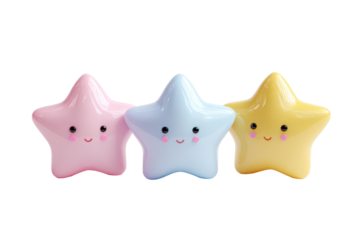 A trio of pastel star characters in pink blue and yellow with cute faces, different friendly expressions, soft glossy shading, and a neatly grouped arrangement with balanced spacing isolated on transp