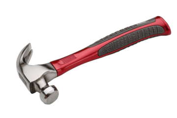 A claw hammer with a red handle, polished metal head with bright highlights, textured rubber grip, and clearly defined claw and striking face in a sturdy tool form isolated on transparent background.