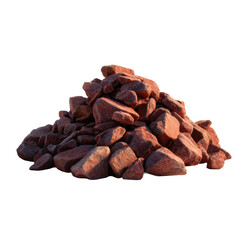 Obraz premium A centered mound of reddish clay pebbles and small rocks with irregular shapes, dusty matte texture, and realistic shadowing between stones for natural depth isolated on transparent background.