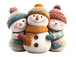 A cute snowman family hugging in a tight cluster with multiple snowmen, cozy winter hats and scarves, friendly smiling faces, and soft rounded snowy bodies as a festive character group isolated on tra