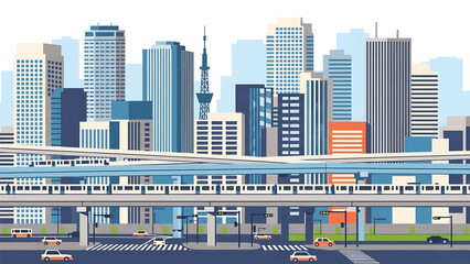 Modern Tokyo cityscape vector illustration showing a dense Japanese metropolis with generic skyscrapers, rail lines, and urban streets in flat solid colors, ideal for travel, business, and city themes © meeblues