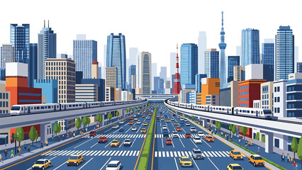 Modern Tokyo cityscape vector illustration showing a dense Japanese metropolis with generic skyscrapers, rail lines, and urban streets in flat solid colors, ideal for travel, business, and city themes © meeblues