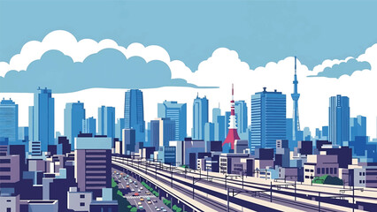 Modern Tokyo cityscape vector illustration showing a dense Japanese metropolis with generic skyscrapers, rail lines, and urban streets in flat solid colors, ideal for travel, business, and city themes © meeblues
