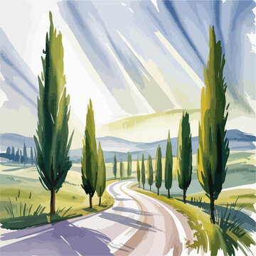 A sun-drenched summer landscape features a tropical road leading through a desert garden of palms and cactus toward the blue sea and distant mountains under a clear sky