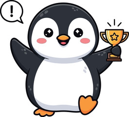 Obraz premium A cartoon penguin proudly holds up a trophy and expresses excitement.