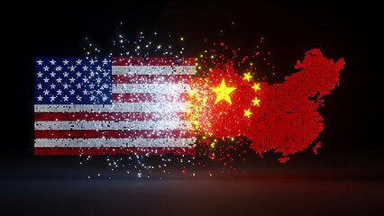 A pixelated American flag merging with a Chinese map on transparent background