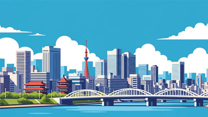 Fototapeta premium Osaka cityscape vector illustration featuring a lively Japanese urban skyline with generic buildings and river bridges in flat solid colors, perfect for travel, culture, and modern city background con