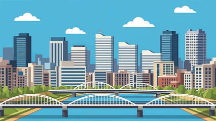 Fototapeta premium Osaka cityscape vector illustration featuring a lively Japanese urban skyline with generic buildings and river bridges in flat solid colors, perfect for travel, culture, and modern city background con