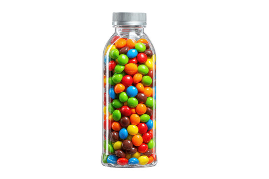 A clear plastic bottle filled with densely packed bright round candies in multiple colors, clean cap and label free surface, vivid candy reflections through the plastic, and crisp product lighting iso