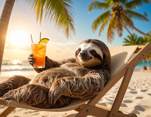 Lustiges Faultier am Strand mit einem Cocktail