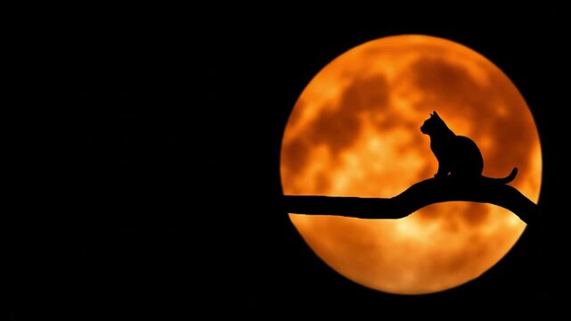 A silhouette of a wolf sitting on a branch against a vibrant orange full moon in a dark night sky