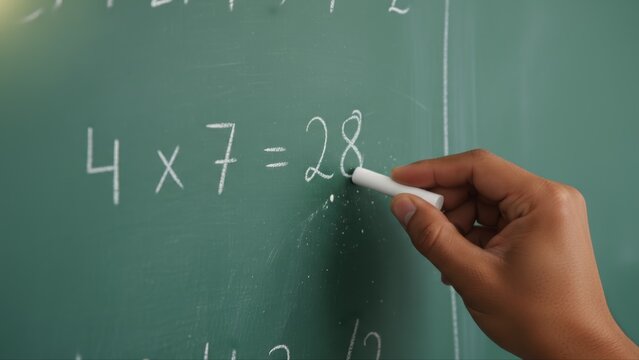 A hand writing a multiplication equation on a chalkboard with chalk in a classroom for education.