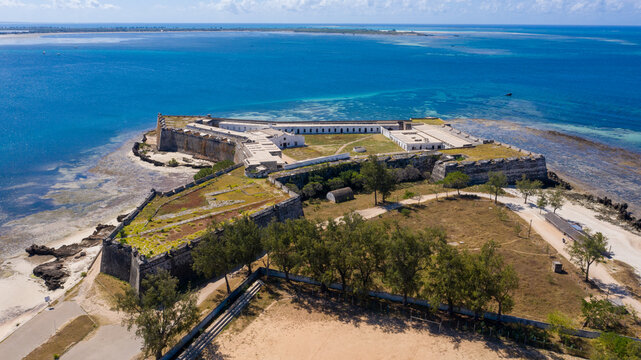Aerial view of Fortaleza de Sao Sebastiao standing majestically against the turquoise sea, its weathered stones whispering tales of centuries past, Ilha de Mocambique, Nampula, Mozambique.
